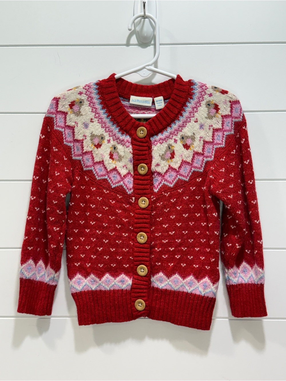 JoJo Maman Bebe Red Fair Isle Cardigan with Pink and Cream Yoke